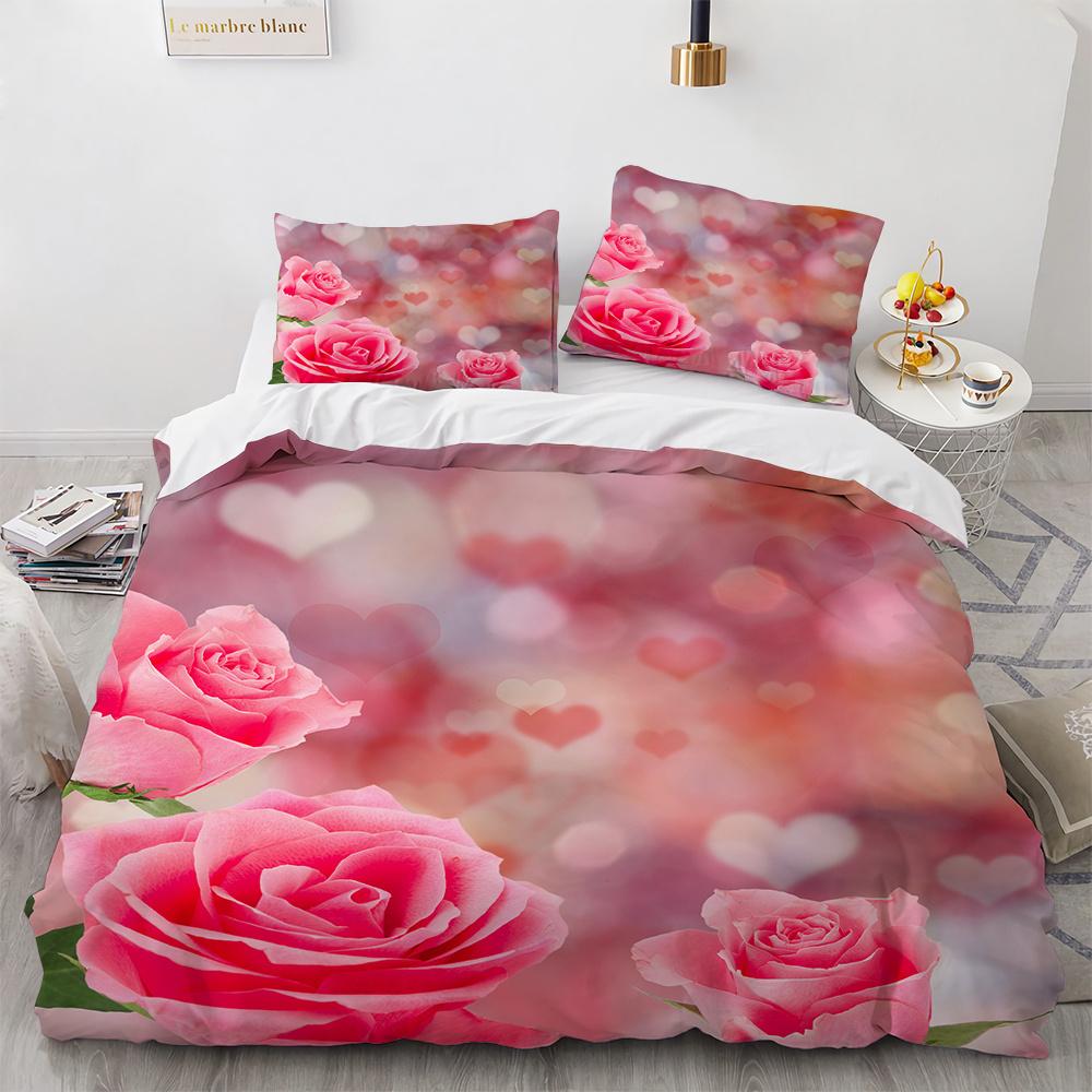 Rose Duvet Cover Set 3D Printed Romantic Theme Flower Bedding Set Valentine's Day Twin Polyester Comforter Cover With Pillowcase