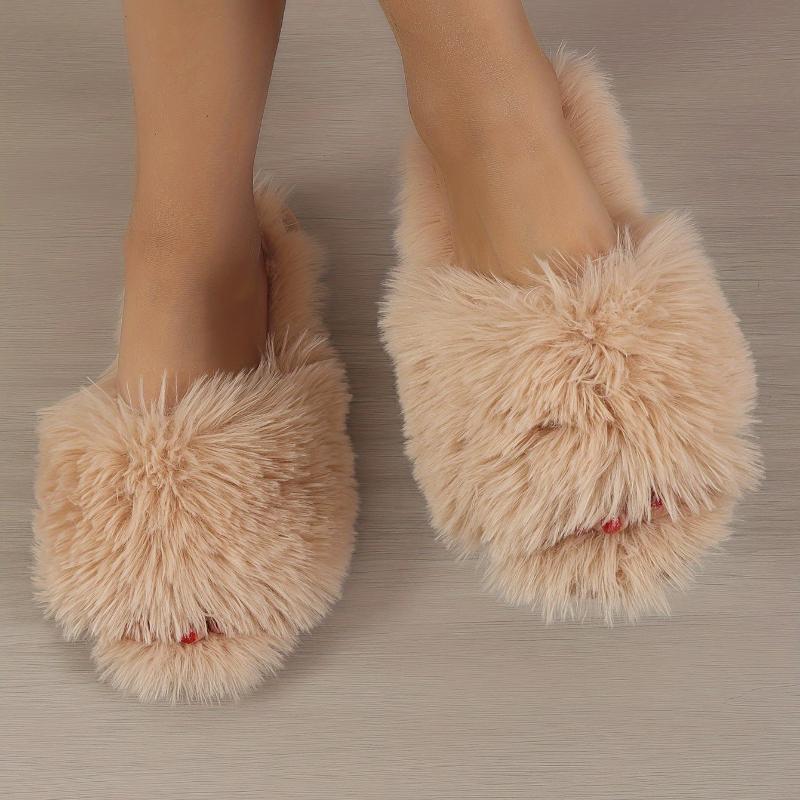 Женские пушистые зимние тапочки, однотонные мягкие туфли на плоской подошве с открытым носком, уютные и теплые домашние тапочки