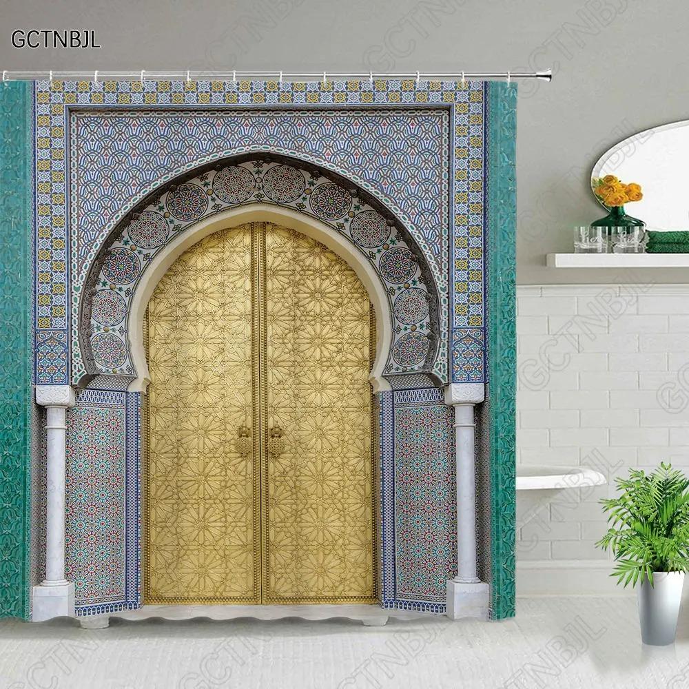 Марокканский Желтый Антикварный Арочный Двери Шторки для душа Старая Винтажная Деревянная Дверь Ванная Водонепроницаемая Ткань Занавески для ванны С Крючками