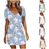 Women's Casual Printing Drawstring High Waist V-neck Short Sleeve  Dress