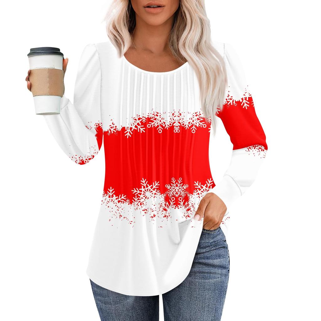 Рубашки с длинным рукавом для женщин, топы, нарядные повседневные блузки с рождественским принтом, плиссированные туники с круглым вырезом