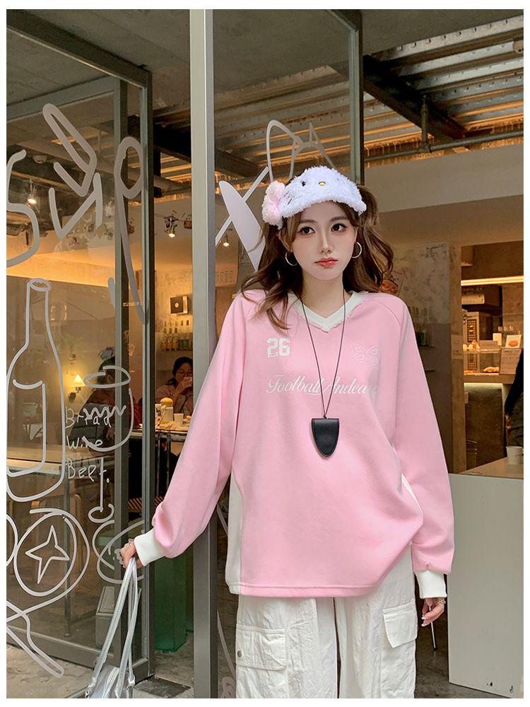 Women's Cotton Lace Trim Color Block V-Neck Sweatshirt – American College Style