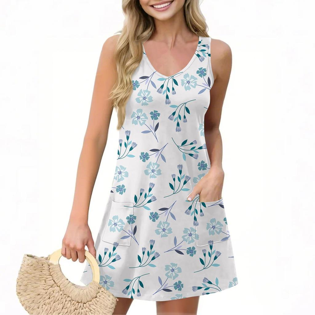 Women's Casual Summer Vest Dress With Pockets Floral Print V Neck Sleeveless Dress