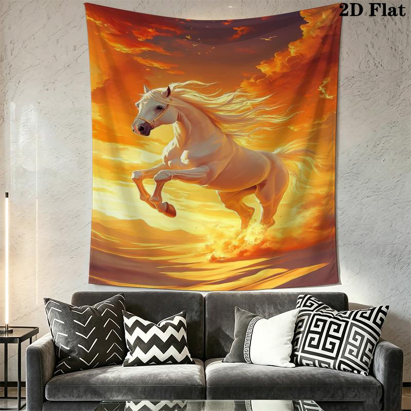 White Horse with Autumn Maple Leaves Tapestry, Fantasy Purple Sky Horse Art Print Wall Hanging Home Decor