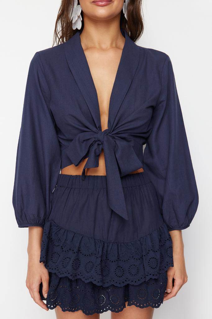 Women's Fashion New Blouse Pink Crop Woven Tie Up Blouse