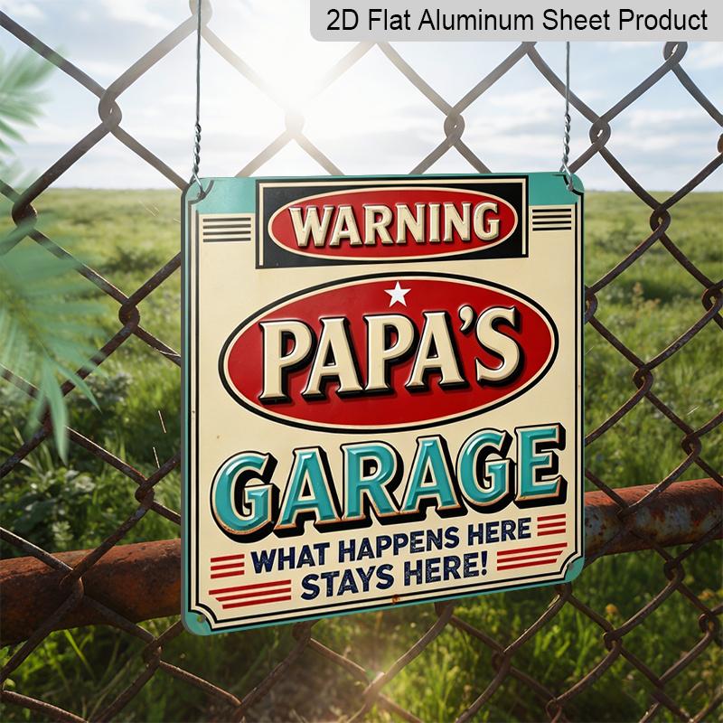 2D Flat - 1pc, Vintage Metal Aluminum Decorative Sign, Warning Papa's Garage, Retro Wall Art, Home Decor for Porch, Entryway, Hallway, Garage, Room