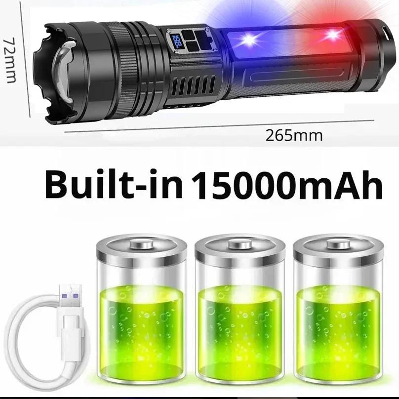 Powerful LED Flashlight Super Bright Spotlight Long Range Zoomable Emergency Torch Outdoor Lamp Lantern Power Display