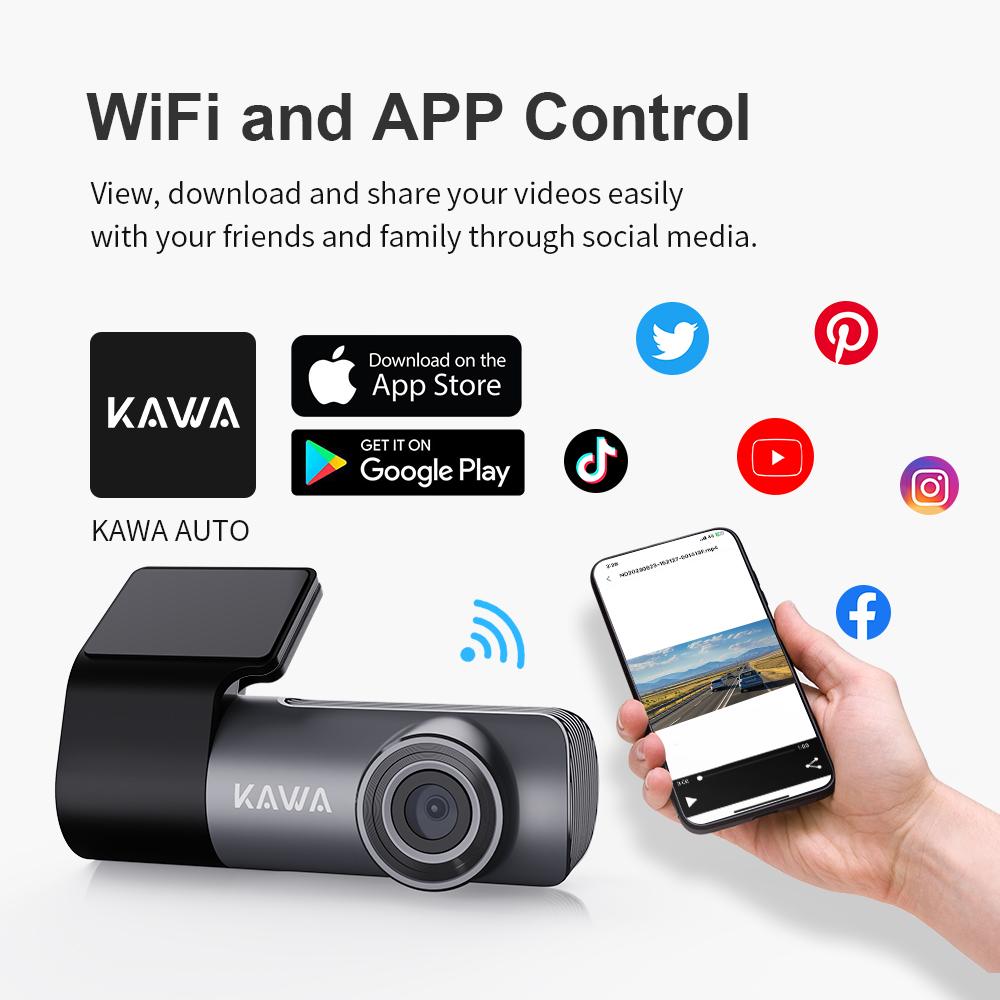KAWA Видеорегистратор спереди 1296P, голосовое управление, WiFi-видеорегистратор с функцией ночного видения WDR, вращающийся на 360° корпус, угол обзора 145°, G-сенсор, D5