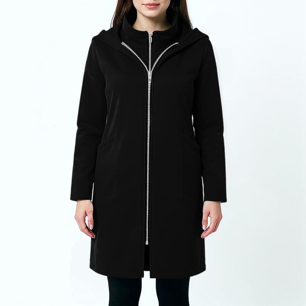 Women's Fashion Casual Solid Color Hooded Pocket Long Sweatshirt With Zipper, Mid-Length Fake Two-Piece Loose Coat