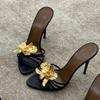 New Metal Flower Beautiful Fashion Sandals Women's Stiletto High Heels Black Cool Slippers