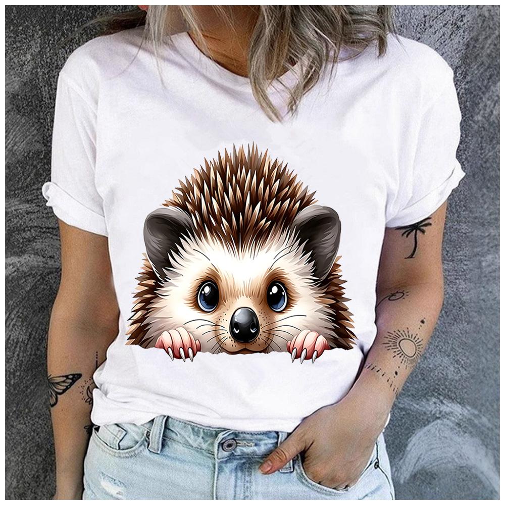 Cotton Cute Peeking Hedgehog Graphic T Shirt Women Casual Summer Cartoon Animal Print Short Sleeve Tee Gift For Animal Love