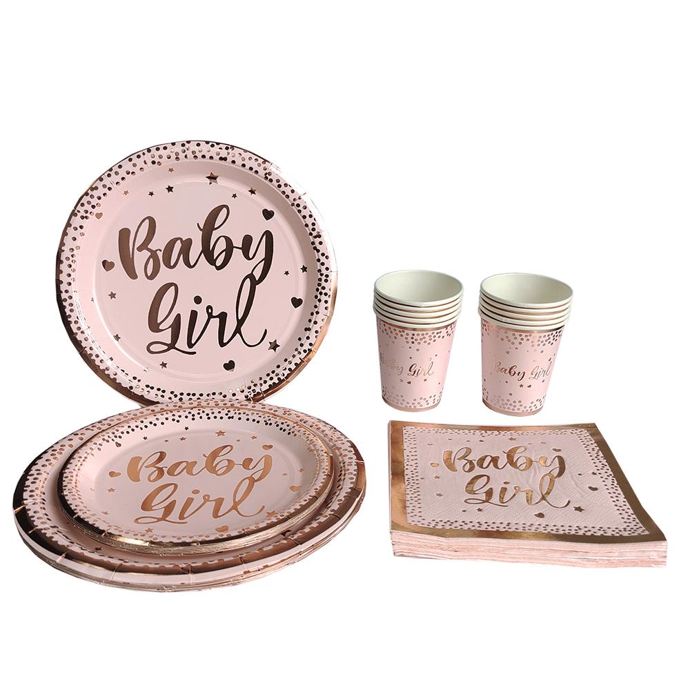 Baby Girl Disposable Tableware Pink Striped Rose Gold Paper Plates Cups Napkins for Baby Shower Birthday Party Decorations