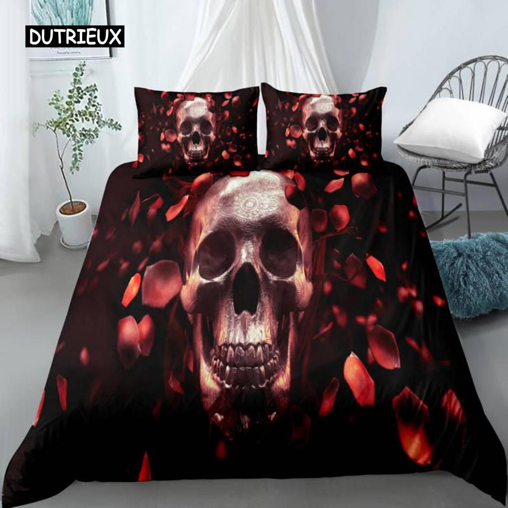 Skull Duvet Cover Set Queen Black Skeleton Paisley Floral Pattern Bedding Set for Teen Adult Polyester Halloween Comforter Cover