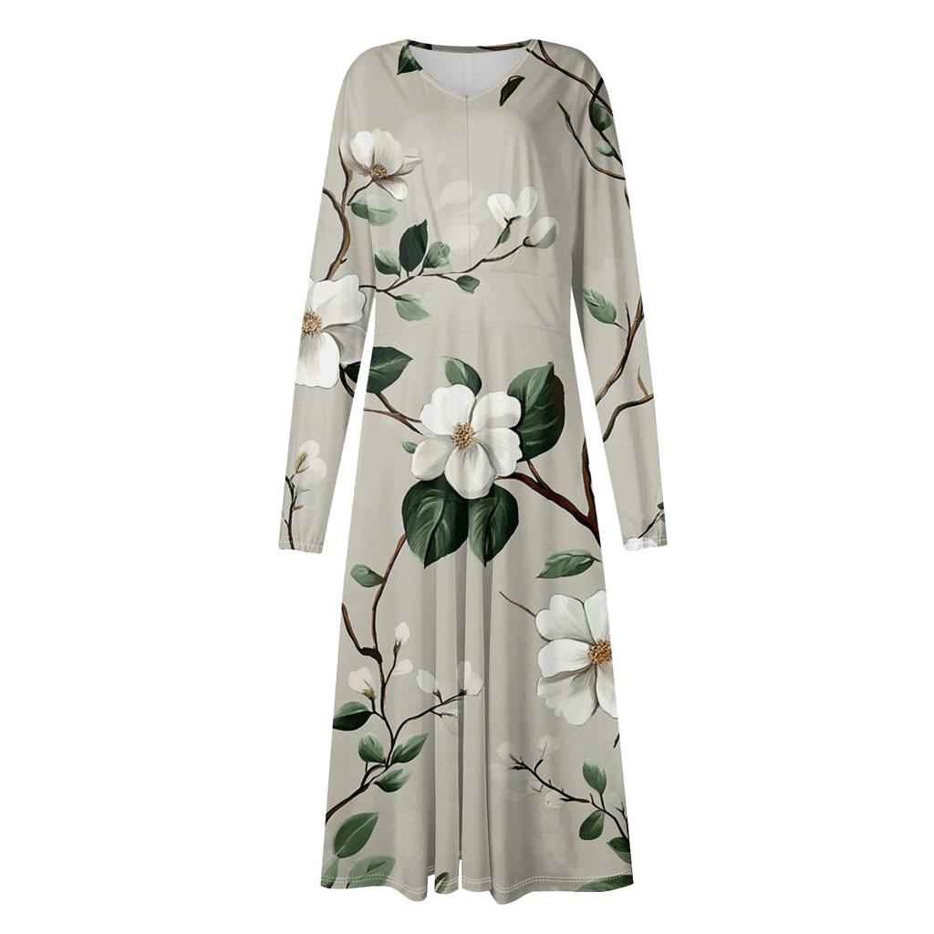 Women's Casual Fashion V-Neck Long Sleeve Floral Print Long Dress