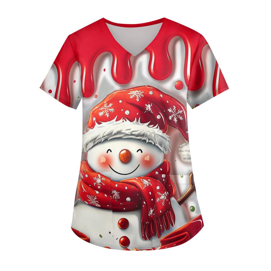 Ladies' Christmas Printed Fashionable V-neck Pocket Short Sleeved Uniform And Caregiver Top