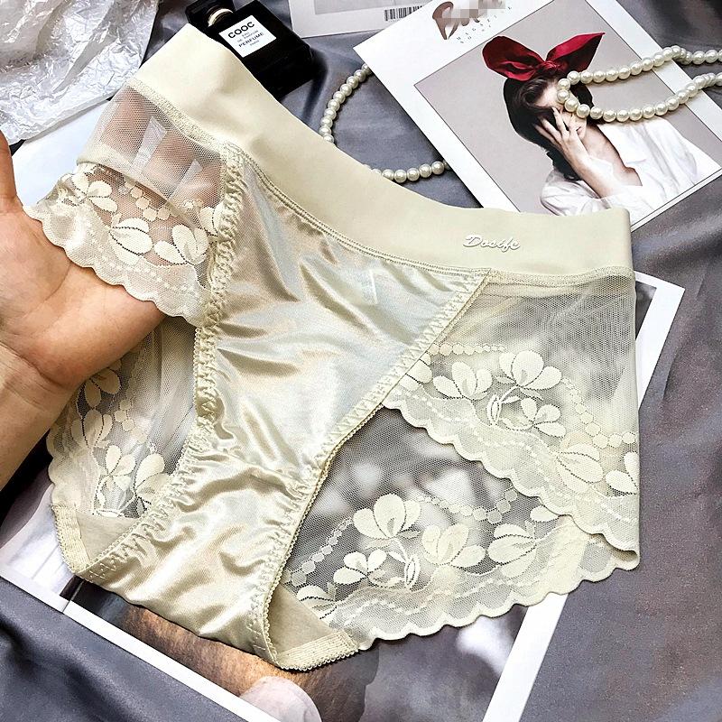 Women Luxury Satin Panties Tummly Control Summer Sexy Lace Briefs High Waist Plus Size Cotton Crotch Breathable Underpants Lingerie Underwear