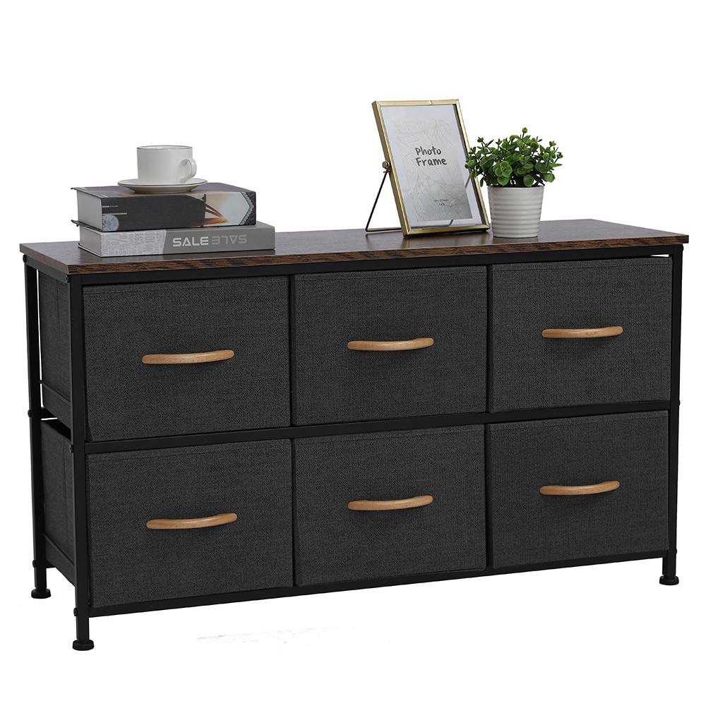 3-Tier Wide Drawer Dresser, Storage Unit With 6 Easy Pull Fabric Drawers Wooden Tabletop For Closets, Nursery, Dorm Room
