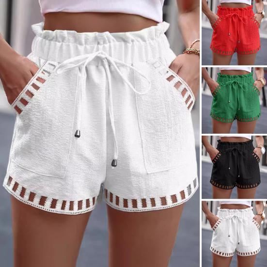 Women Summer Shorts Elastic Waist Shirring Edge Hollow Out Side Pockets Solid Color Loose Above Knee Length Casual Sport Daily Mini Shorts EMA
