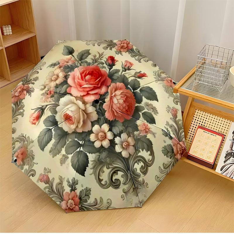 Retro flowers (2) Theme Automatic Umbrella Compact 8-Rib Design Sturdy Construction Durable Umbrella Stylish Accessory