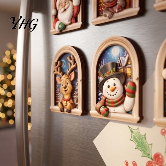 Natural Wood Holiday Accents Arch Wooden Christmas Fridge Magnet Set, Window Frame Magnetic Decor for Refrigerator Metal Surface, Festive Gift