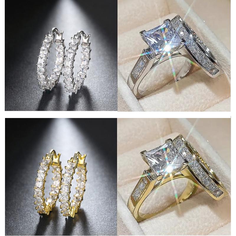 Huitan Princess Cut CZ Ring Hoop Earring Set for Women Stackable Silver Color/Gold Color Engagement Daily Wear with Gift BoxGood product