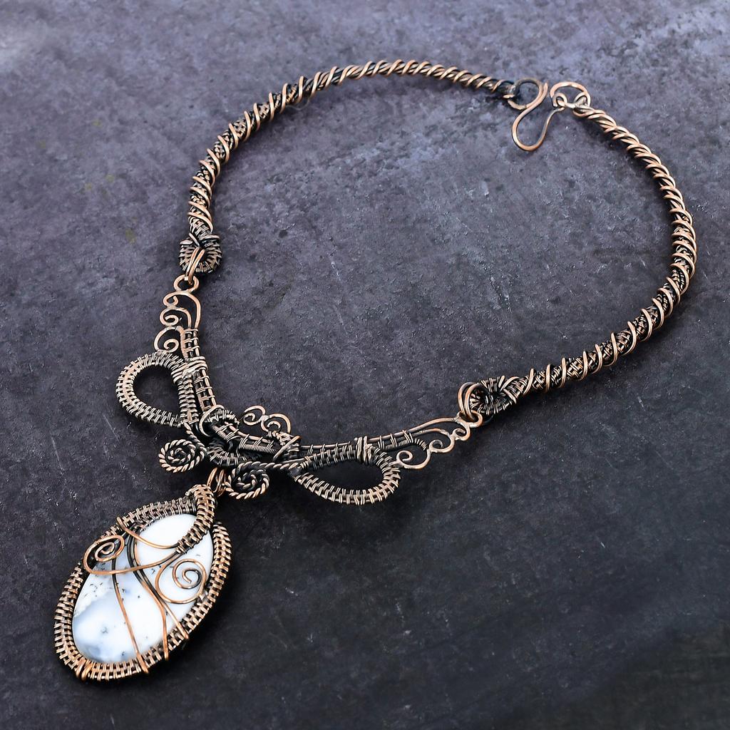 Натуральный Дендритовый Опал Драгоценный Камень Медная Проволока Оплетка Ювелирное Ожерелье 18" D5r85