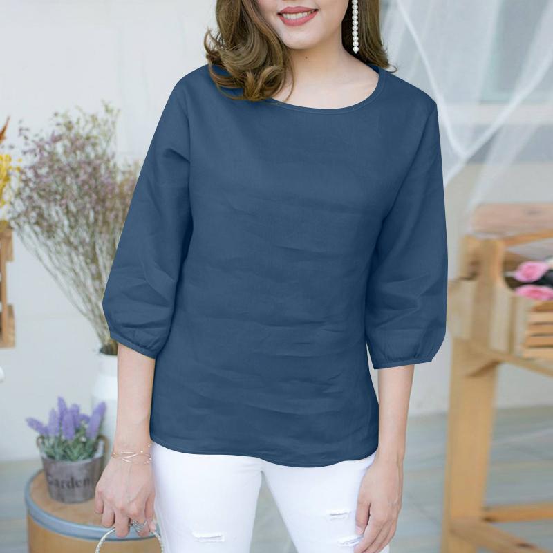 ZANZEA Женская повседневная блузка свободного кроя с круглым вырезом и рукавом 3/4