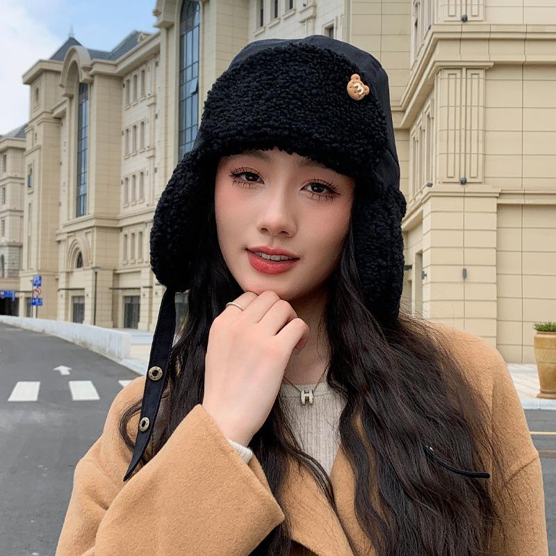 Осенне-зимняя женская шапка M медведь из овечьей шерсти, зимняя теплая, для защиты от холода на улице, шапка-ушанка, толстая