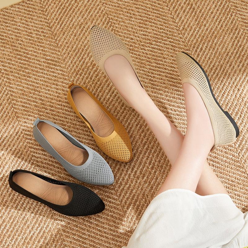 Обувь Женская Юго-Восточная Азия Женская Обувь Однотонные Остроносые Балетки Женская Повседневная Текстильная Обувь Летающая Вязаная Обувь