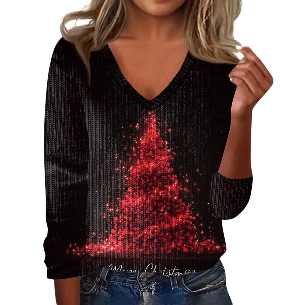 Women's Cute Sweatshirt Knitted Fashion Casual V-neck Long-sleeved Cozy Print Top