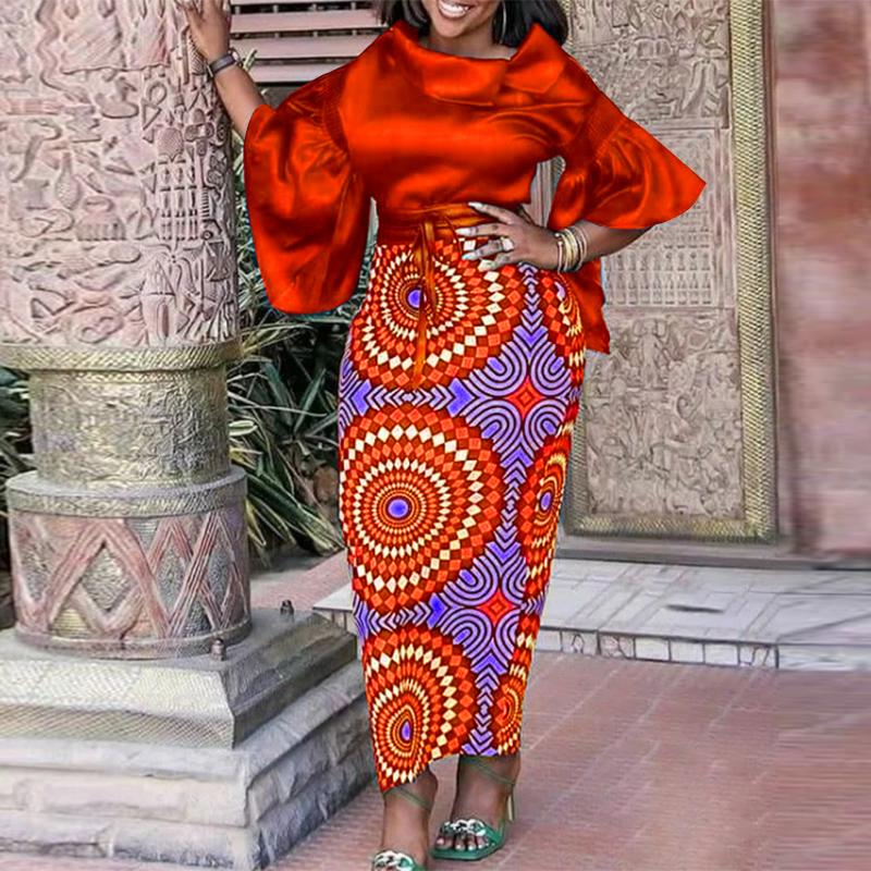 Женский топ большого размера с расклешенным воротником и длинными рукавами с принтом 