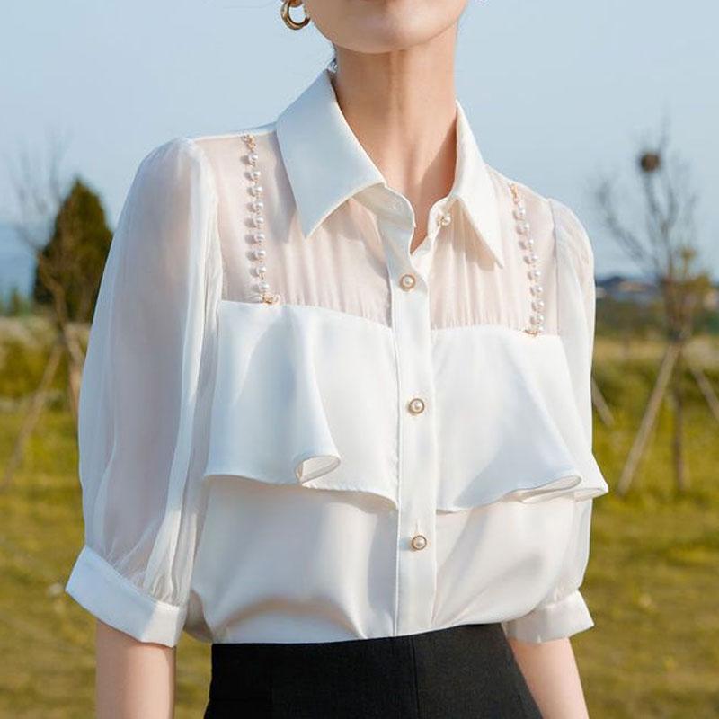 Корейская однотонная рубашка Стильная жемчужная цепочка Офисная леди Летняя новинка Рюши вставками Женская шикарная Однобортная Блузка-поло с отложным воротником