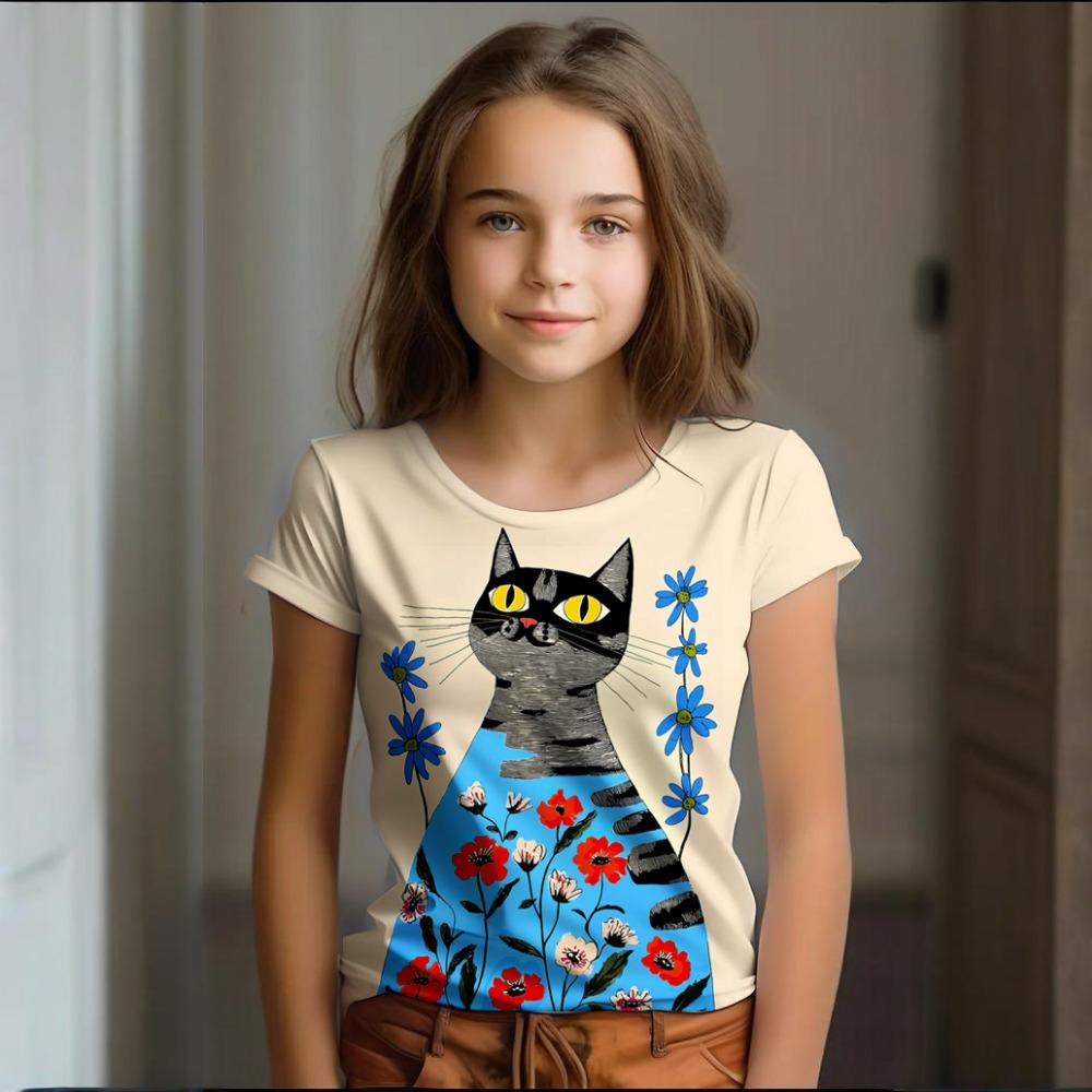 Девочка Одежда Лето Мультяшный Кот Графика Детская Одежда Рисование Короткий Рукав Круглый Вырез Топ