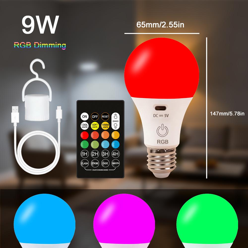 RGB/3 Color USB Led Bulb Rechargeable Light Bulb Smart Bulb Dimmable E27 Bulbs with Timing Cordless Battery Operated Light Bulb