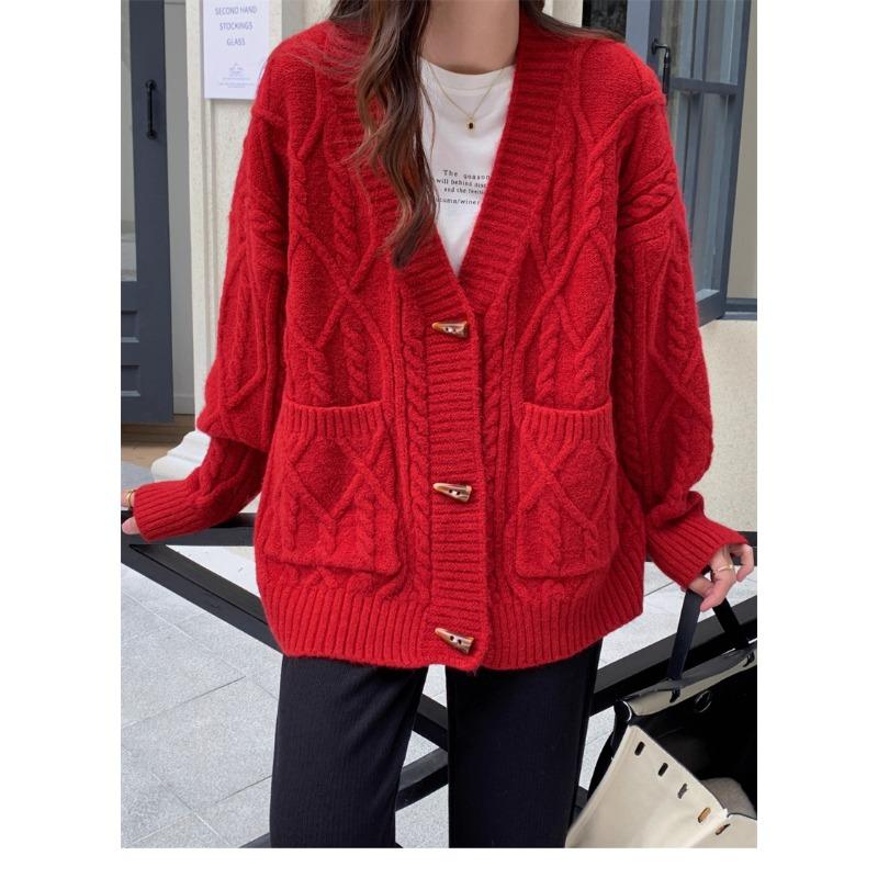 Ретро свитер-жакет на пуговицах-рожках для женской осени и зимы, новый свободный и ленивый стиль, универсальный повседневный кардиган крупной вязки для женщин