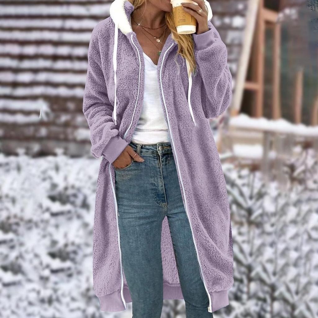 Women's Medium Length Solid Color Double-sided Plush Pocket Hooded Coat