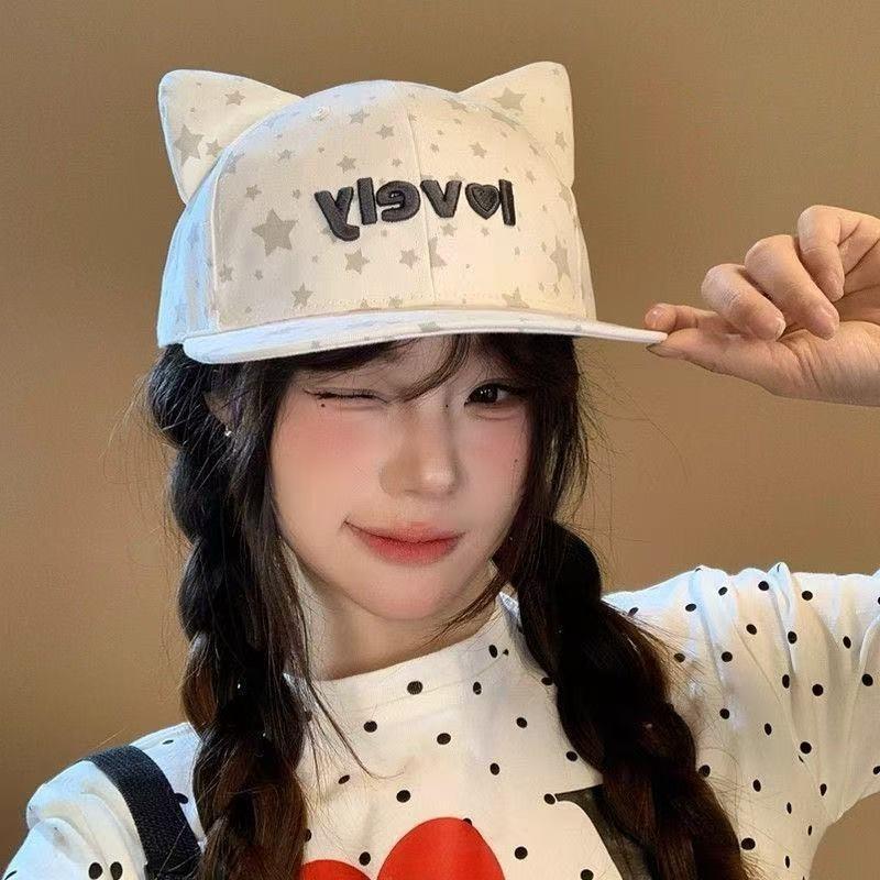 Trendy Flat Brim Baseball Cap with Cute Cat Ear Decor for Girls Cool Streetwear Headwear Unique Novelty Design Slim Face Shaping