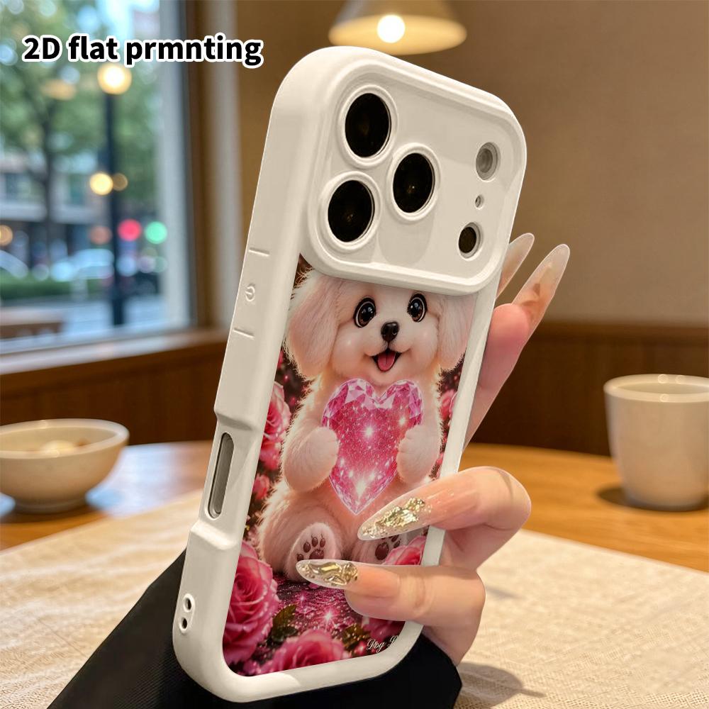 Phone Case: 2D flat design suitable for iPhone 18 17 16 15 14 13 Pro tiered protective case, white puppy, Christmas and Halloween gift