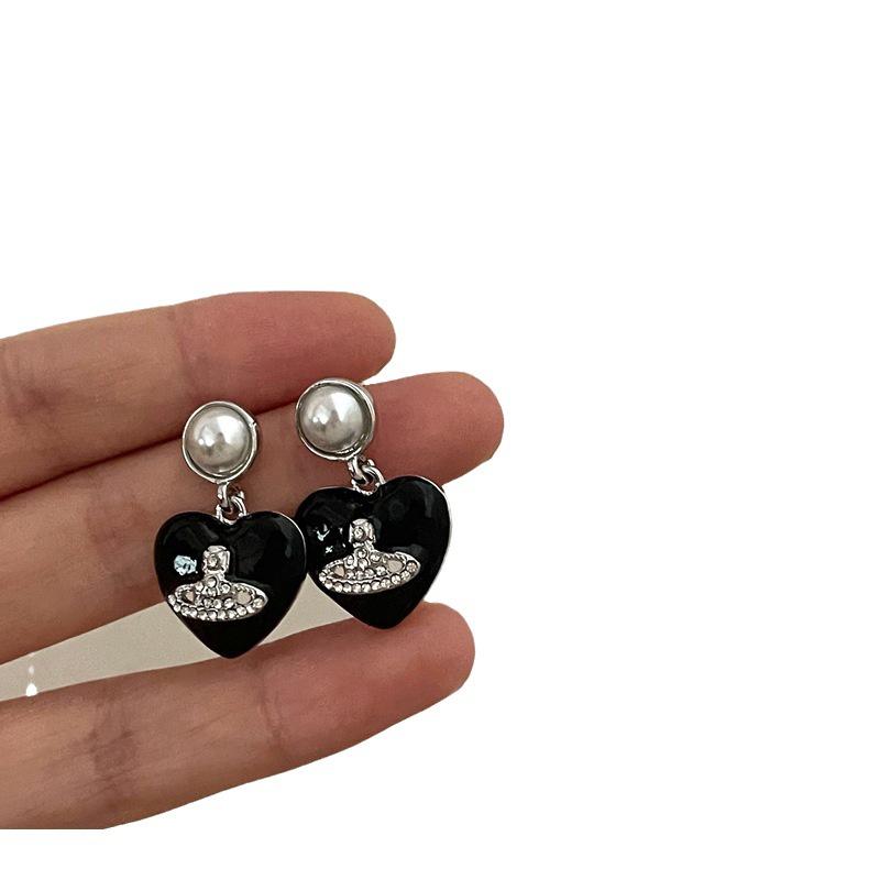 Черные серьги-Сатурн в форме сердца со стразами Уникальный дизайн Высококлассный стиль