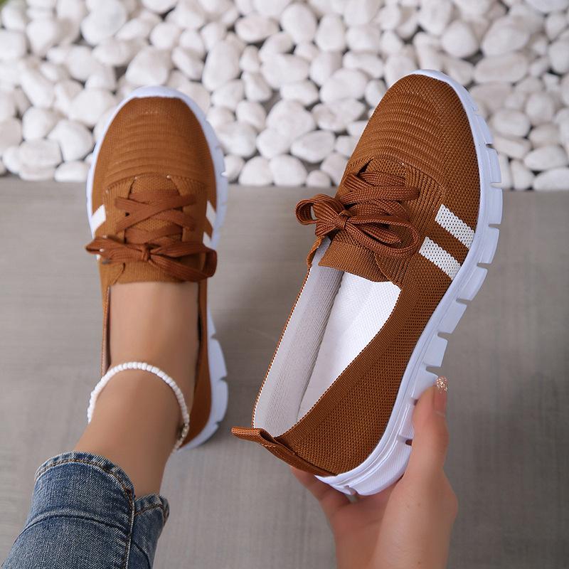 Mesh Knitted Striped Flats Shoes for Women Summer Lace Up Casual Sneakers Woman Soft Sole Breathable Loafers Plus Size 43