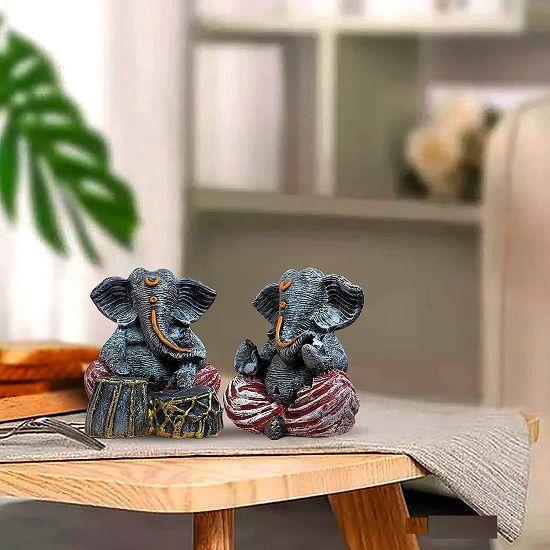 Resin Ganesha Pair for Home Decor | Brings Prosperity - (Grey & Red, Pack of 2)