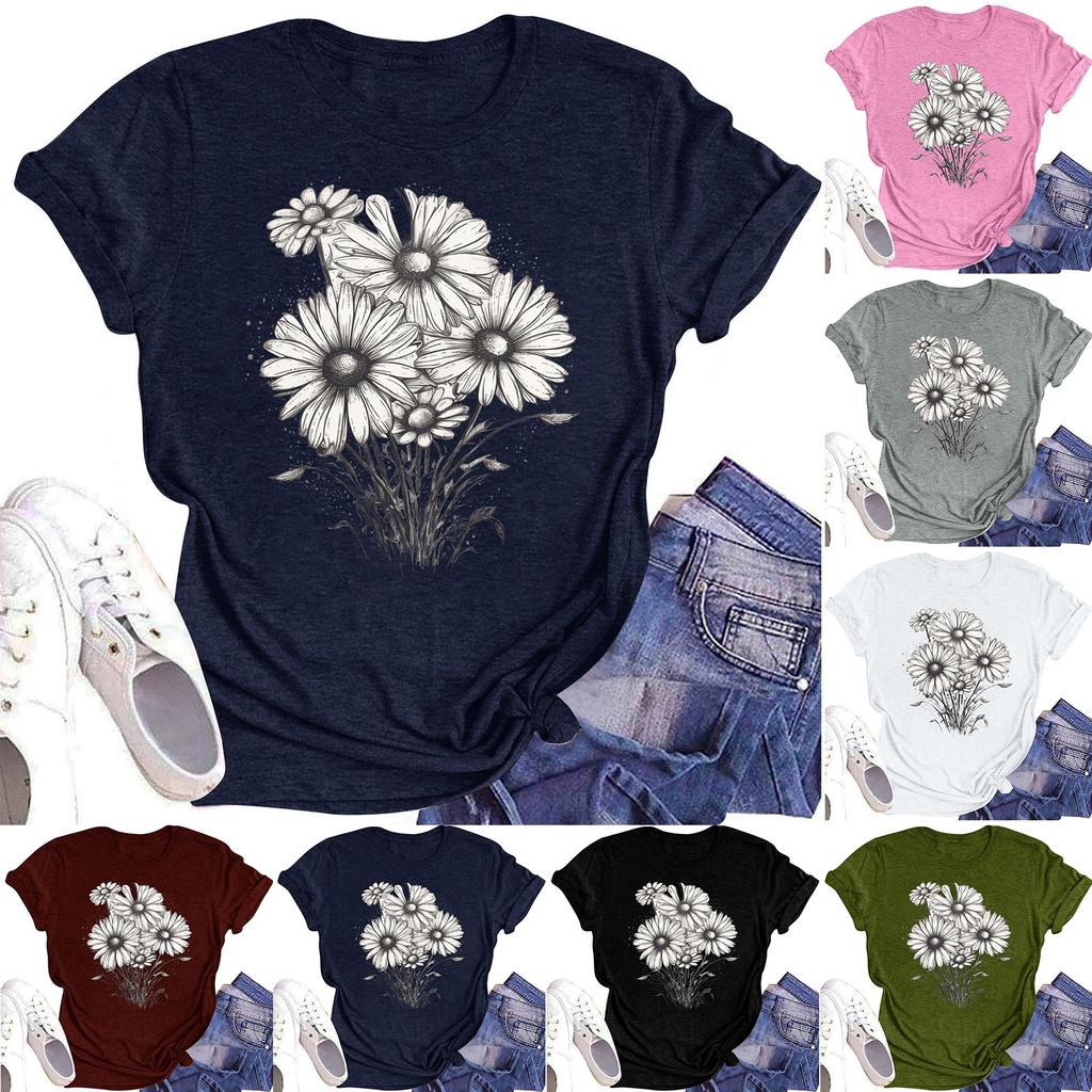 Women's Casual Round Neck Floral Print Short Sleeve T-Shirt Top
