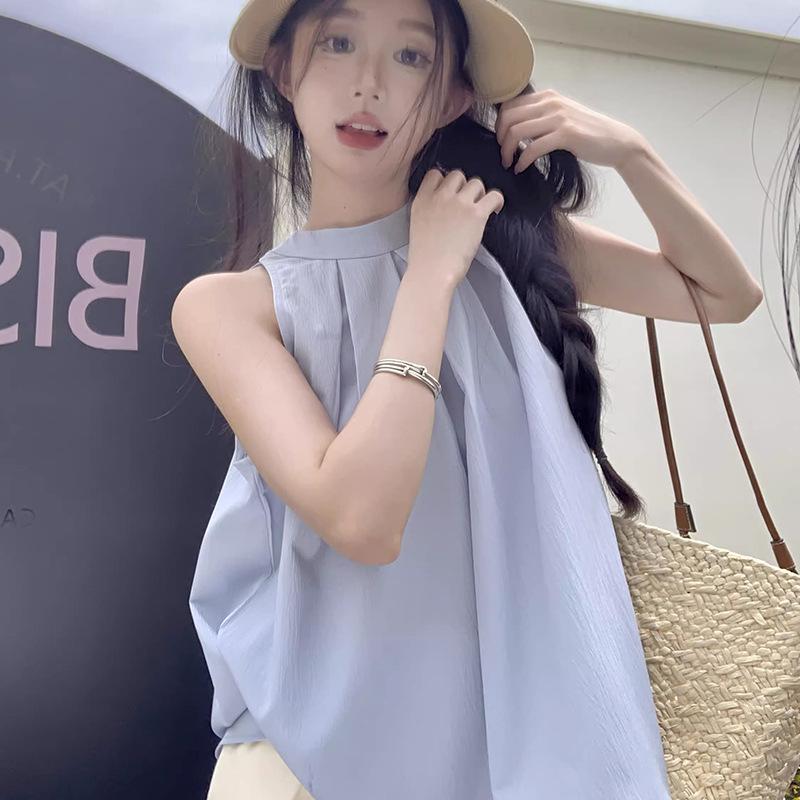 Шикарный французский синий плиссированный топ без рукавов для женщин - модный летний дизайн