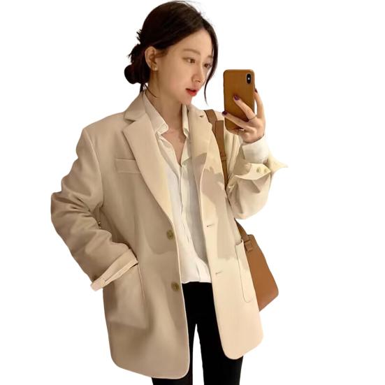 Women Suit Coat Lapel Long Sleeve Single Breasted Suit Jacket with Pockets Solid Color Loose Fit