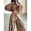 European and American Holiday Style Sexy Navel Short Top Loose High Waist Slit Pants Casual Set Casual Suit
