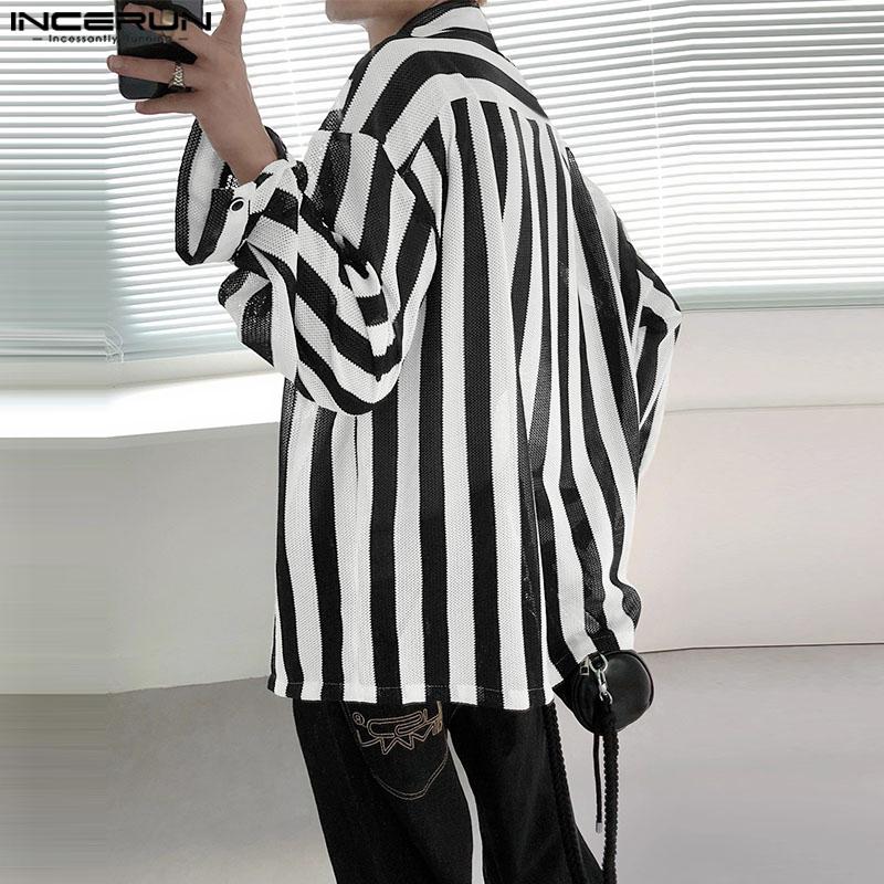 INCERUN Men Long Sleeve Lapel Neck Hollow Out Striped Print Casual Oversized Shirts Tops