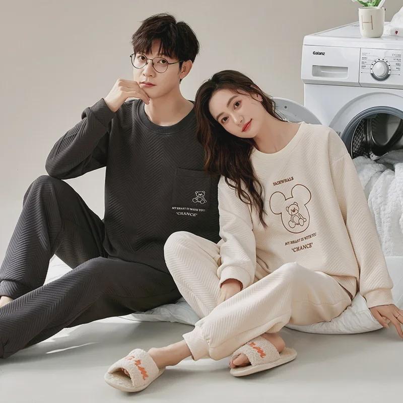 Cozy Winter Air Cotton Couple Pajamas Set: Warm Pullover Suit for Men and Women, Perfect for Home or Outdoor Wear