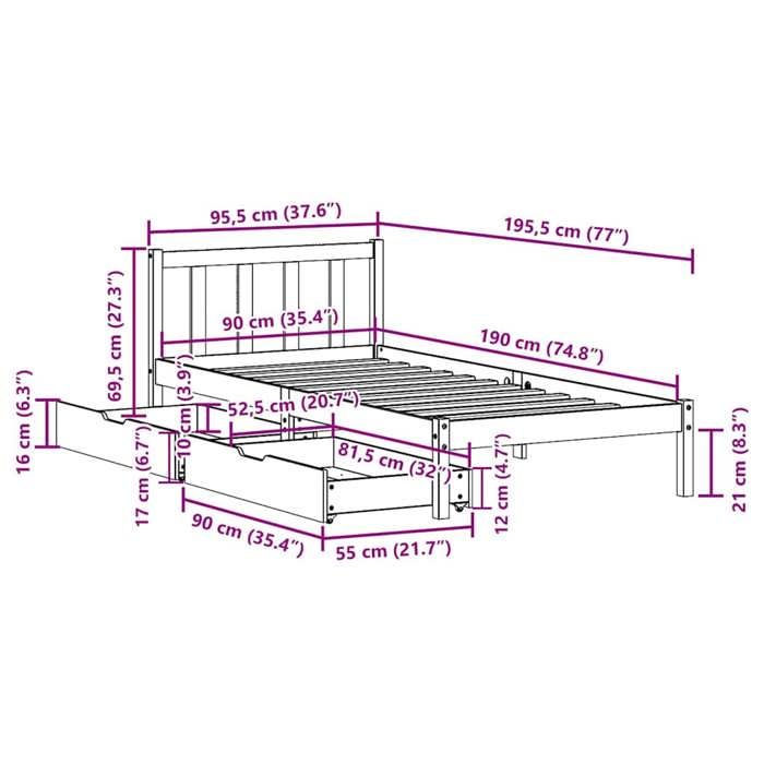 VidaXL Cadre de lit avec tiroirs blanc 90x190 cm bois pin massif, sommier, cadre de lit simple, cadre de lit en bois massif 3301462
