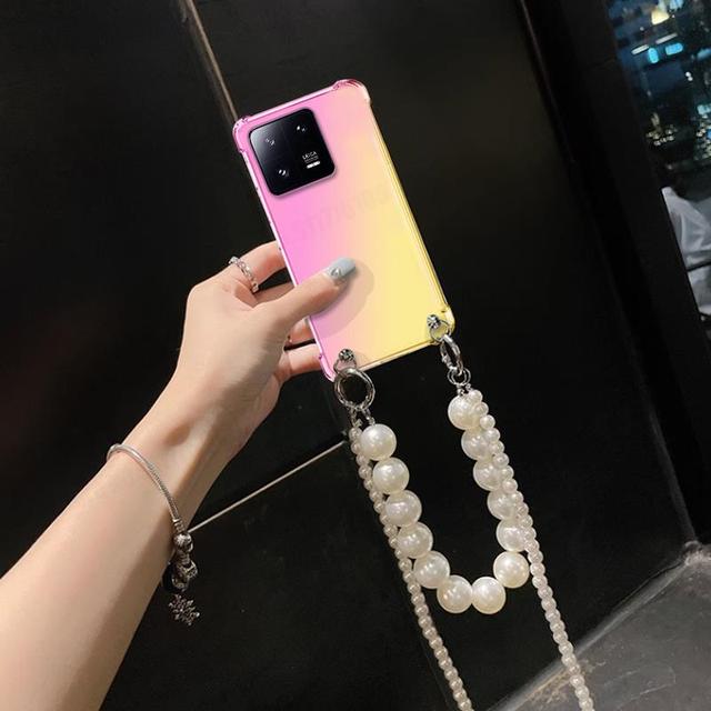 Чехол-ремешок для телефона с цепочкой из жемчуга через плечо для Xiaomi 14T Pro 14 CIVI 13T 14 13 Lite Ultra Redmi 14C Прозрачный градиентный противоударный силиконовый чехол