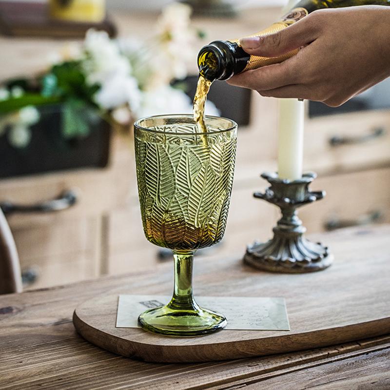 300 мл Винтажный стеклянный бокал для вина Домашний стеклянный бокал для свадебной вечеринки Бокалы для вина Зеленый элегантный узор из листьев Рельефная стеклянная посуда